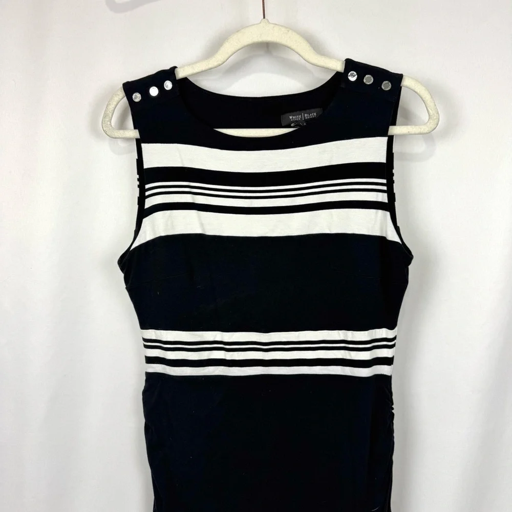 White House Black Market S Black White Stripe Ruched Sheath Dress Key Hole Back